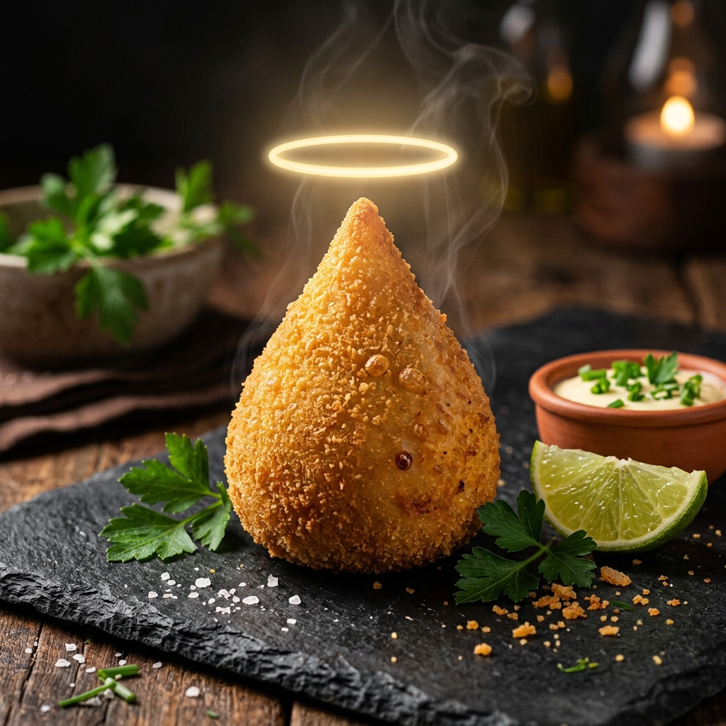 Santa Coxinha artesanal dourada e crocante